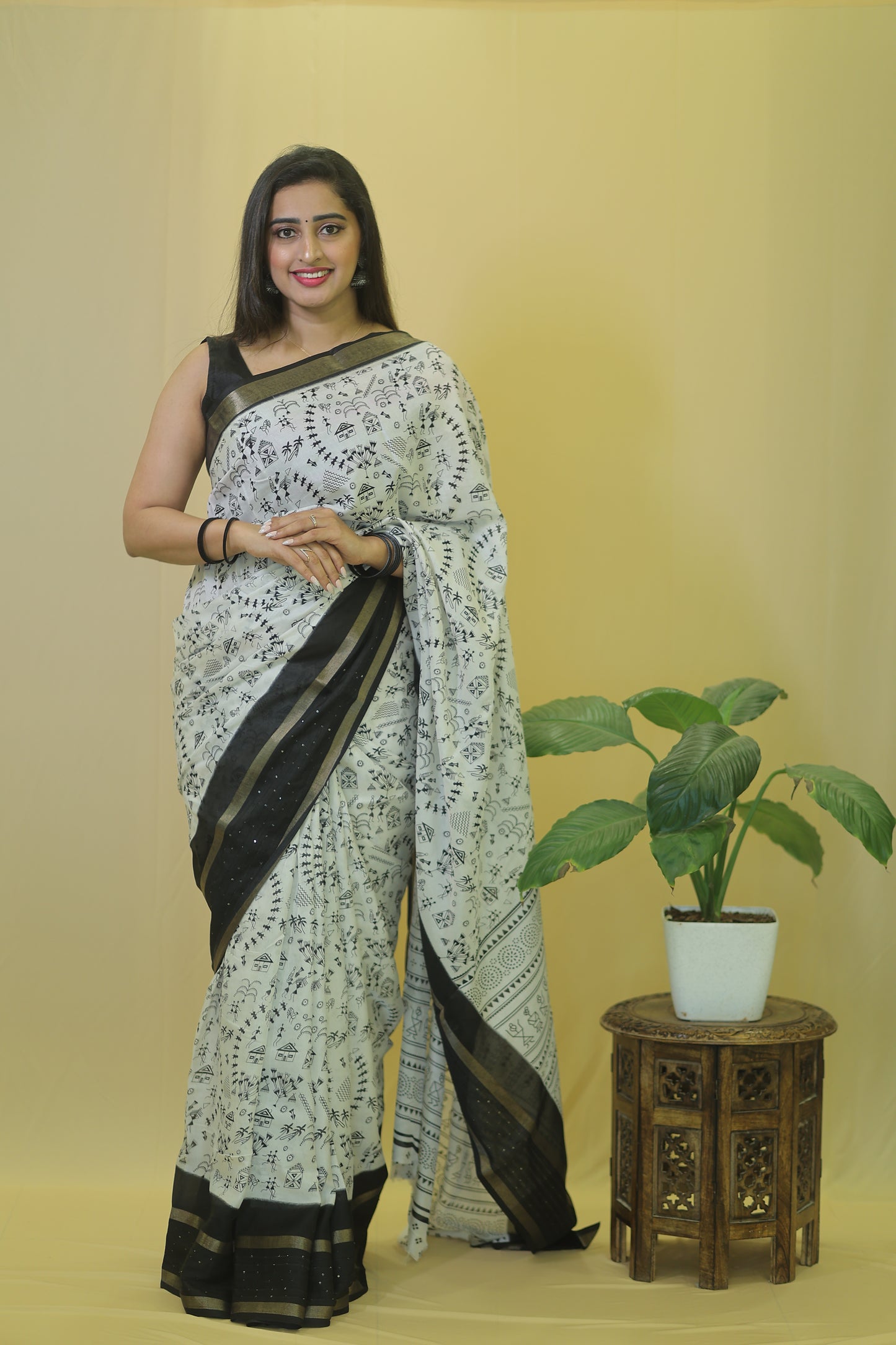 Elegant White and Black Handcrafted pure soft silk handloom Saree with Traditional Prints and Matching Blouse