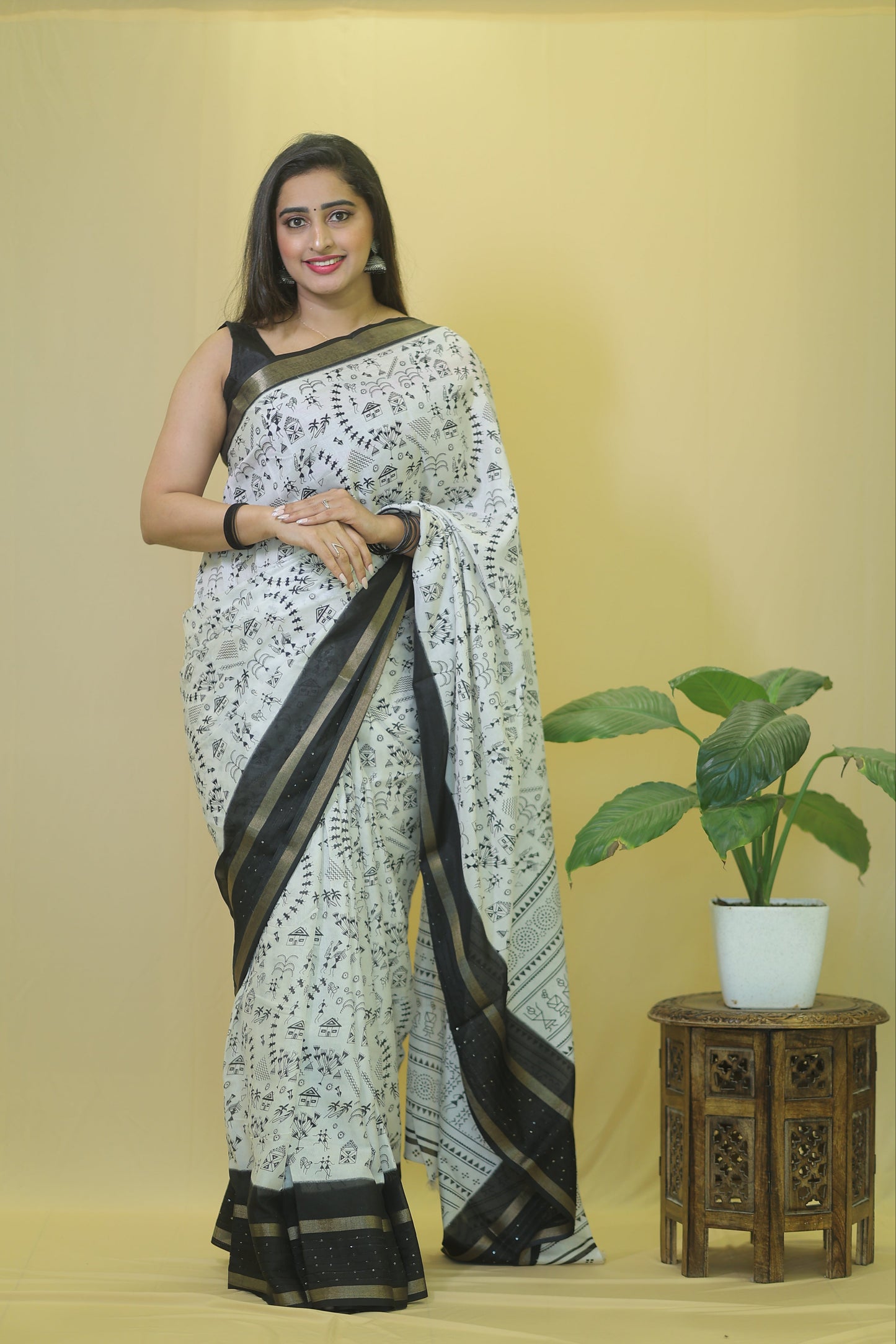 Elegant White and Black Handcrafted pure soft silk handloom Saree with Traditional Prints and Matching Blouse