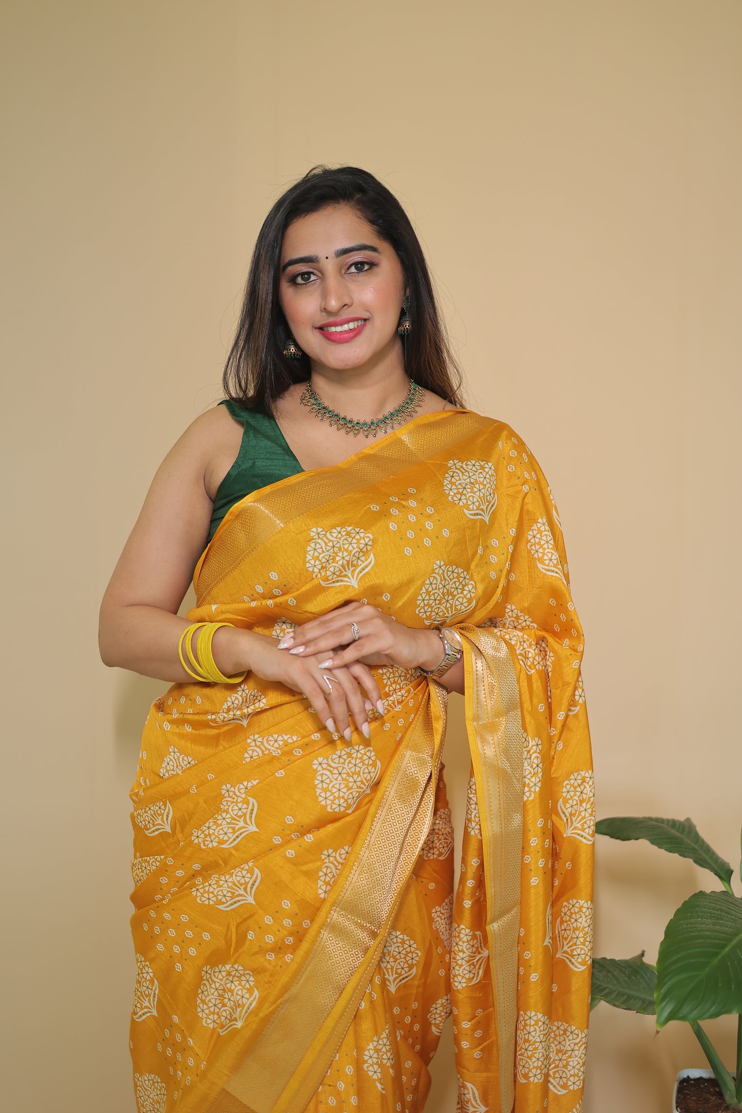Yellow color Banarasi Silk Saree with Intricate White Floral Motifs