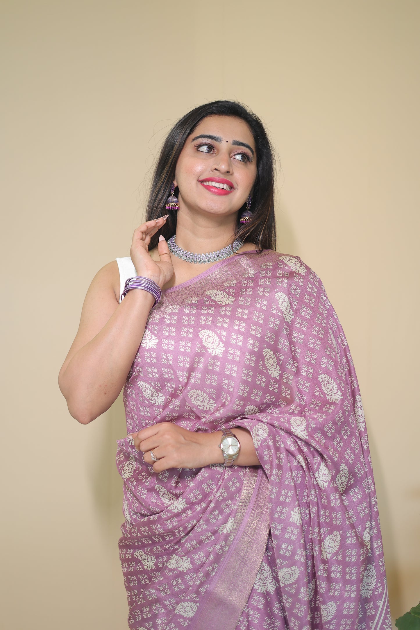 Lavender Banarasi Silk Saree with Intricate Silver Zari Work