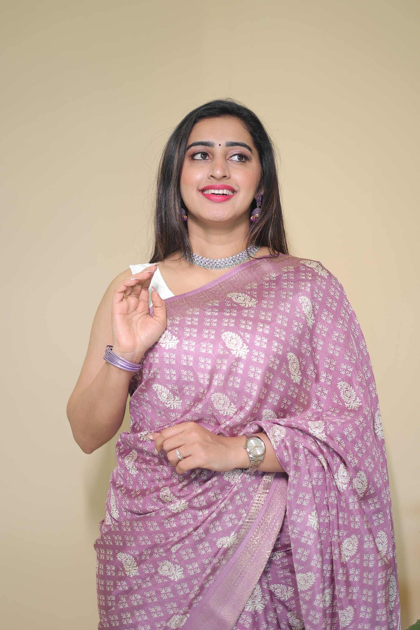 Lavender Banarasi Silk Saree with Intricate Silver Zari Work