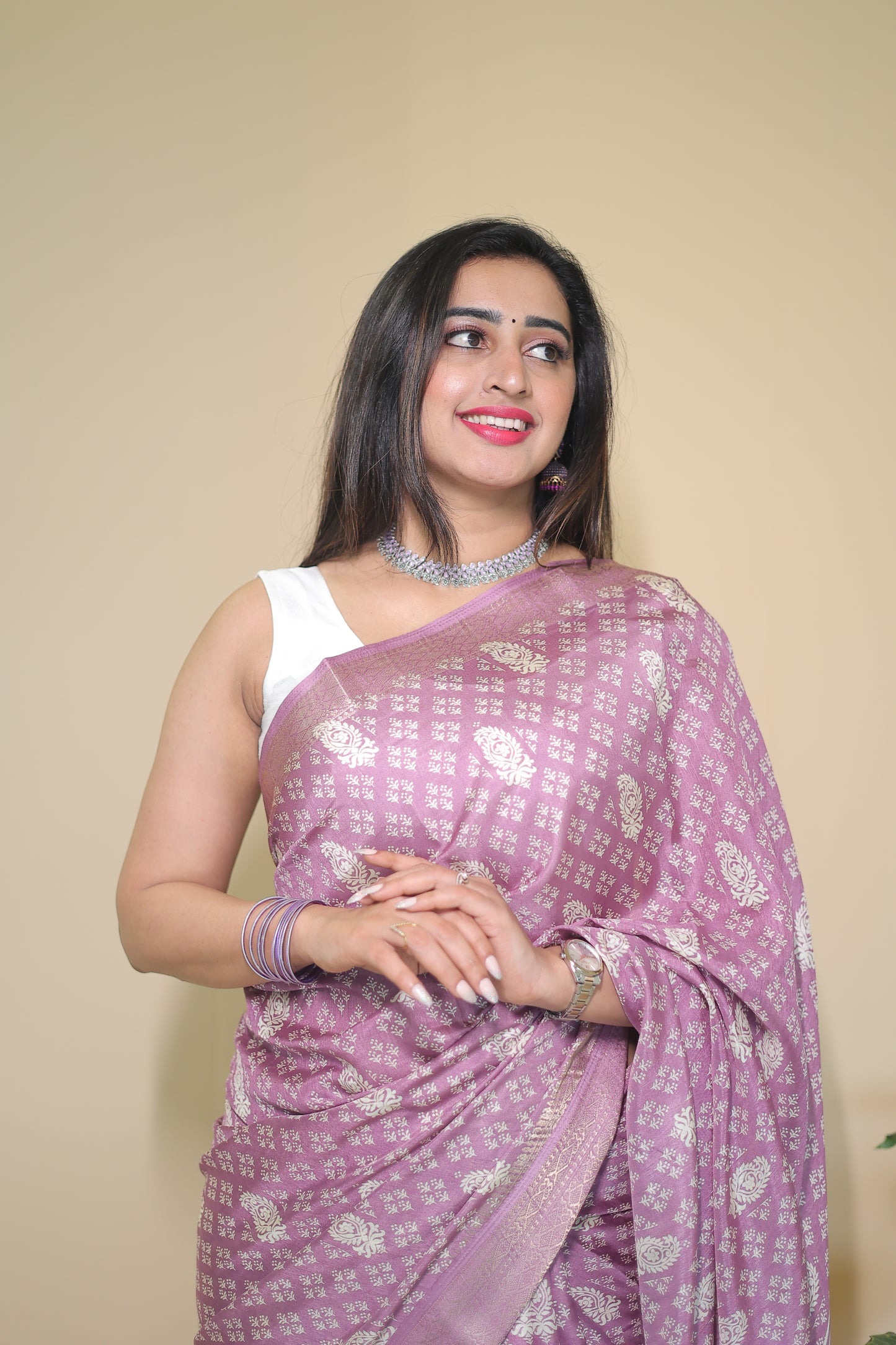 Lavender Banarasi Silk Saree with Intricate Silver Zari Work