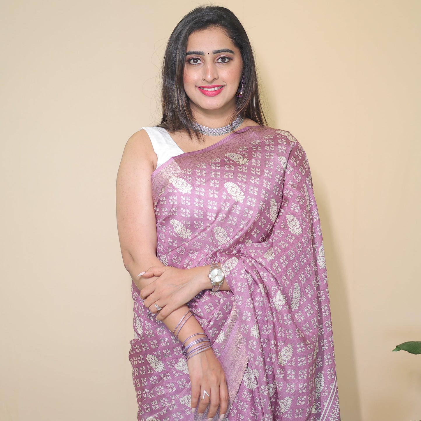 Lavender Banarasi Silk Saree with Intricate Silver Zari Work