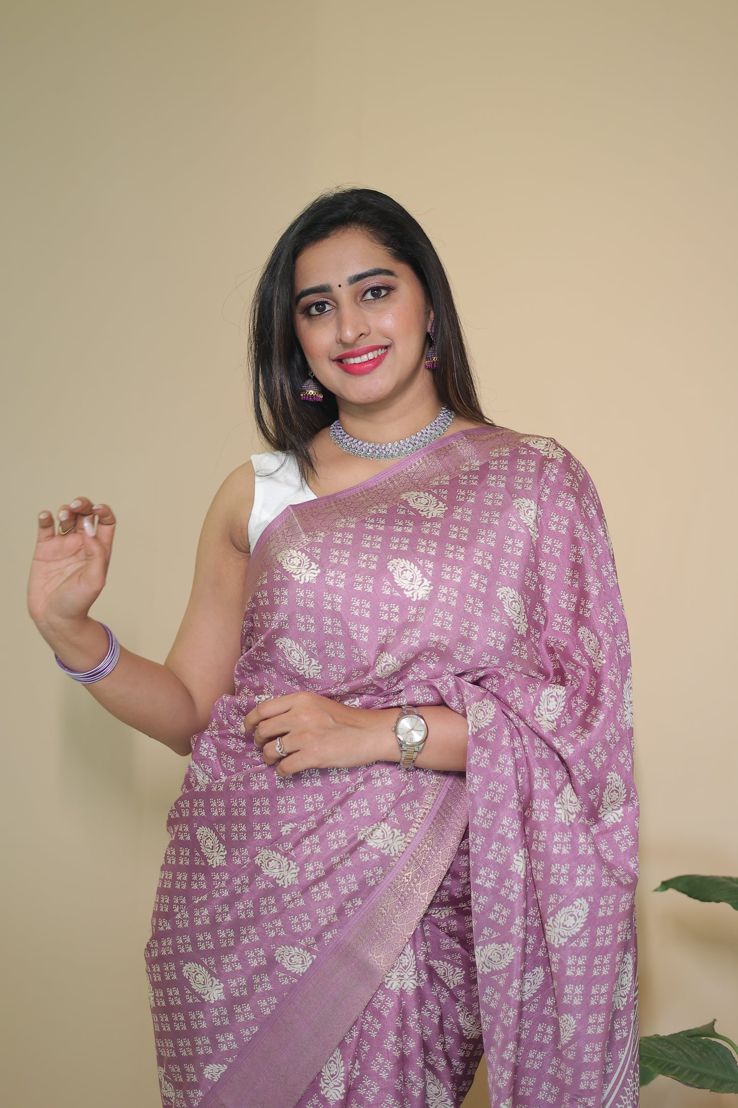 Lavender Banarasi Silk Saree with Intricate Silver Zari Work