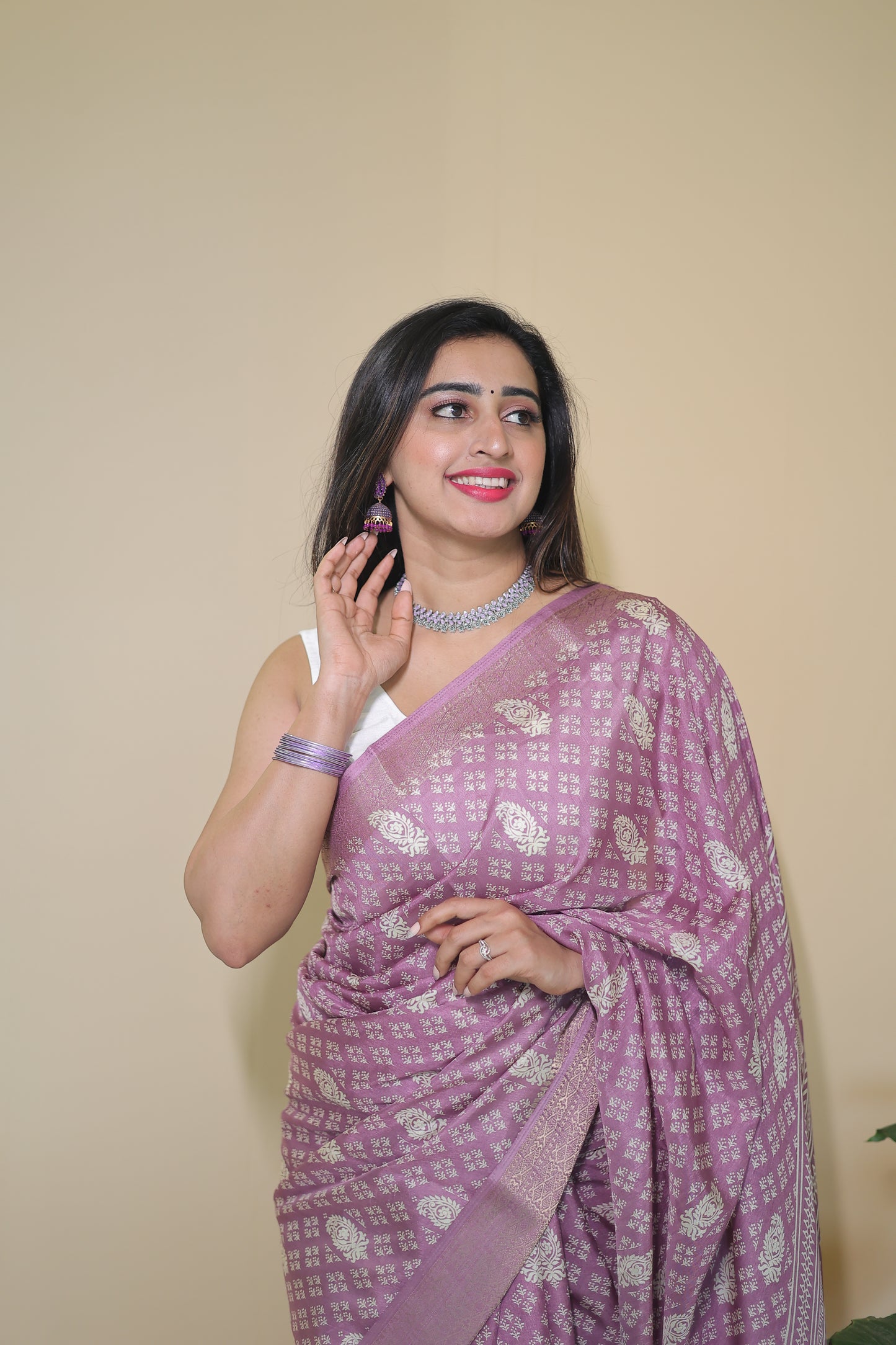 Lavender Banarasi Silk Saree with Intricate Silver Zari Work