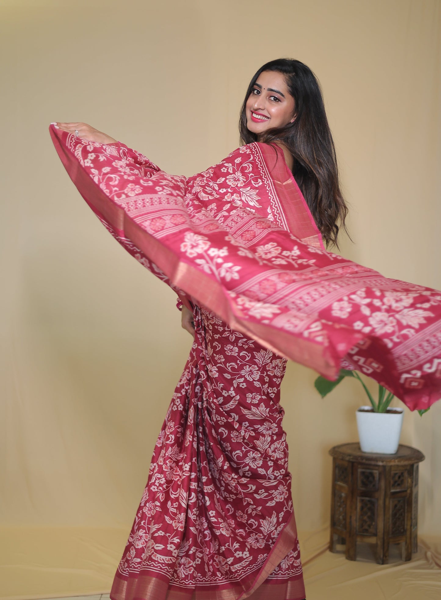 Rani Pink Banarasi Silk Saree with White Floral Motifs and Traditional Border