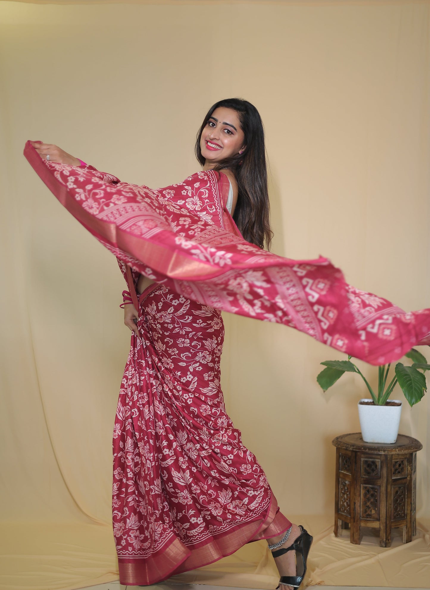 Rani Pink Banarasi Silk Saree with White Floral Motifs and Traditional Border