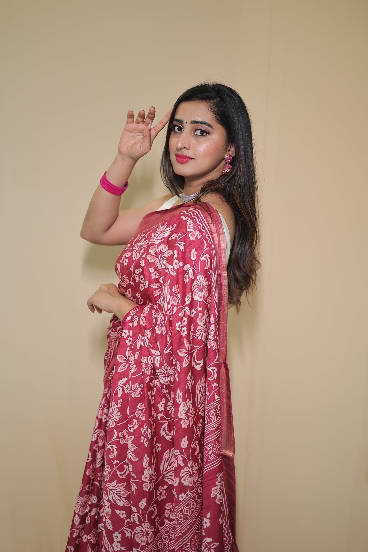 Rani Pink Banarasi Silk Saree with White Floral Motifs and Traditional Border