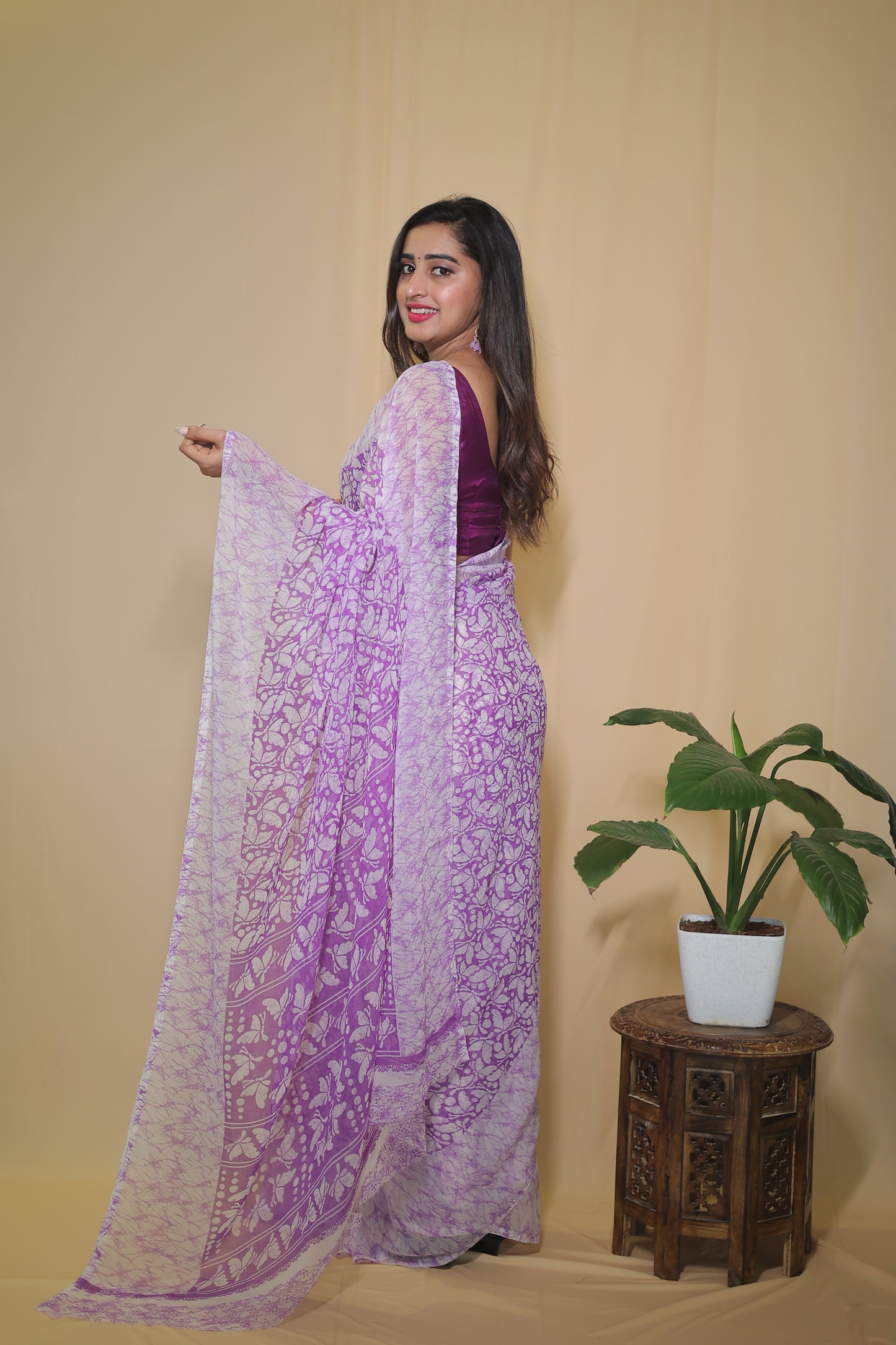 Purple and White Chiffon Saree with Elegant Floral Design