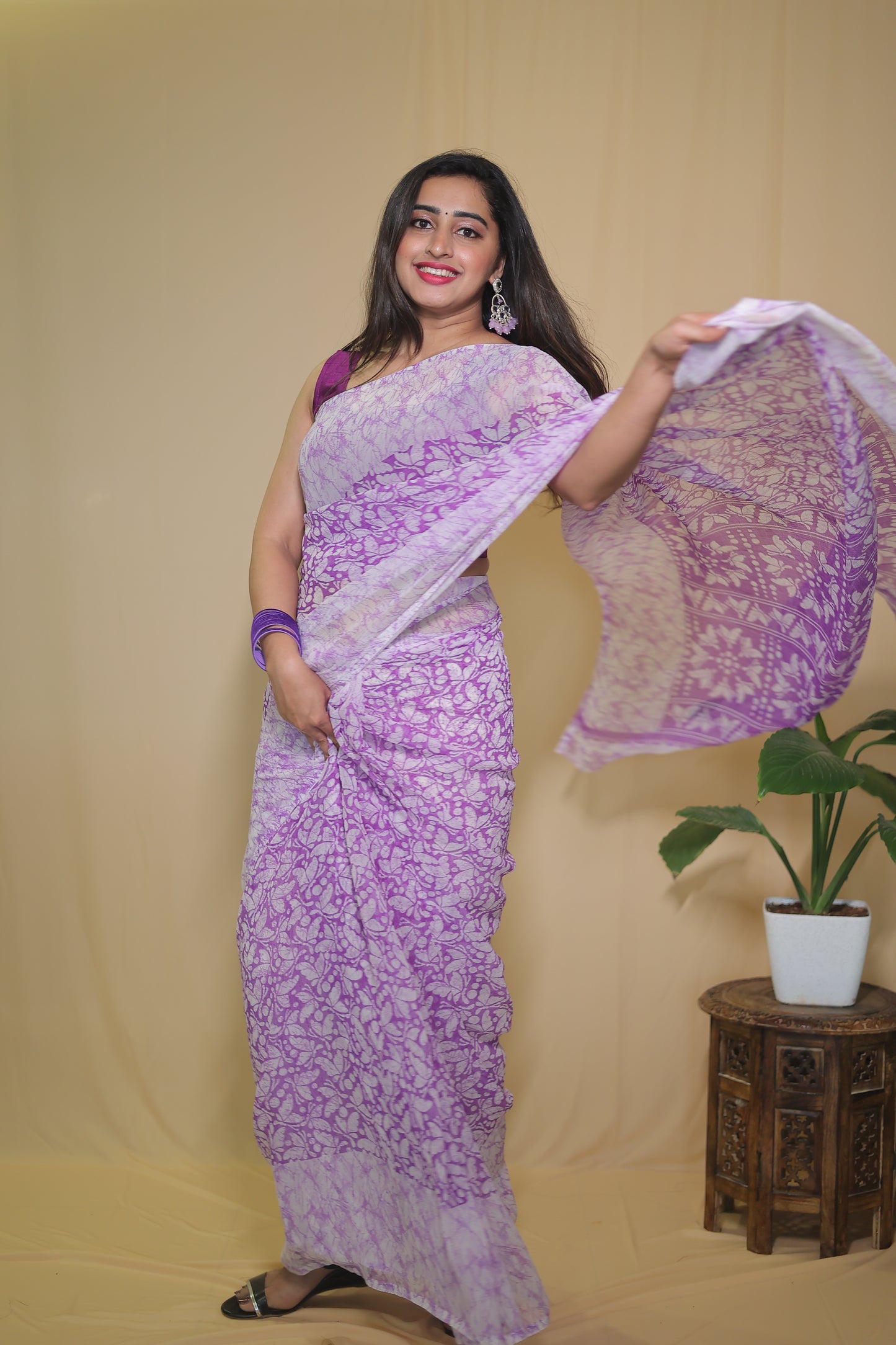 Purple and White Chiffon Saree with Elegant Floral Design