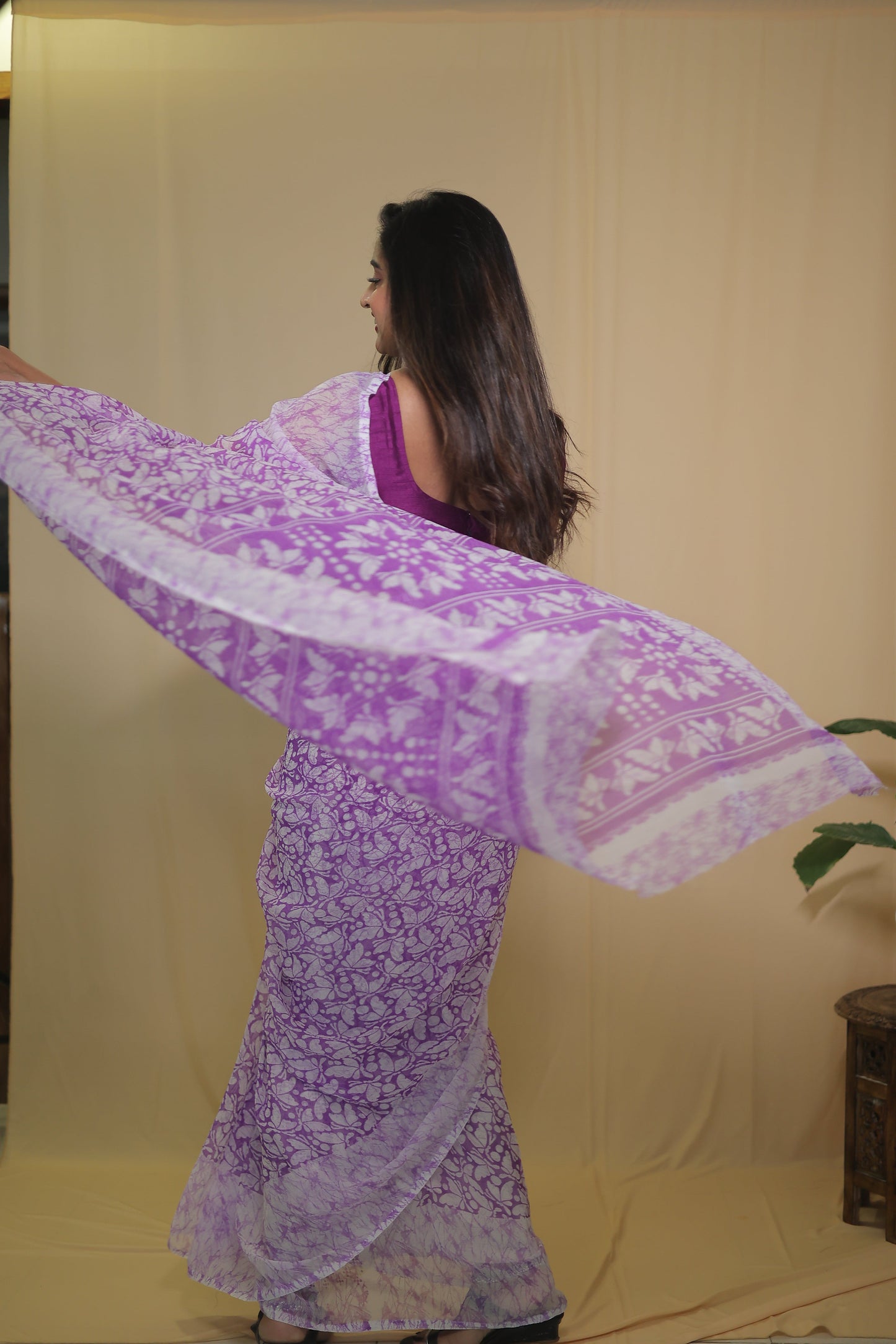 Purple and White Chiffon Saree with Elegant Floral Design