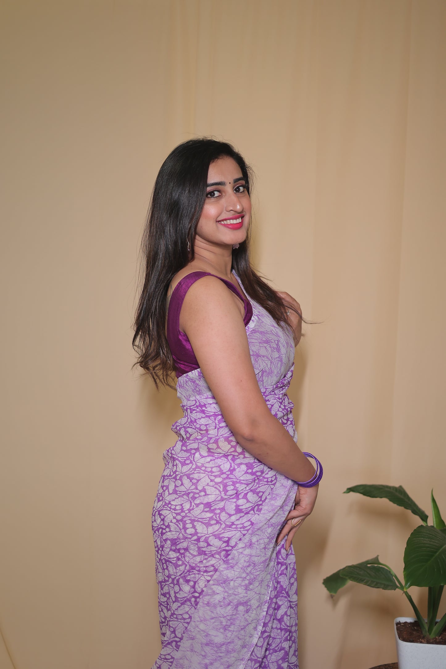 Purple and White Chiffon Saree with Elegant Floral Design