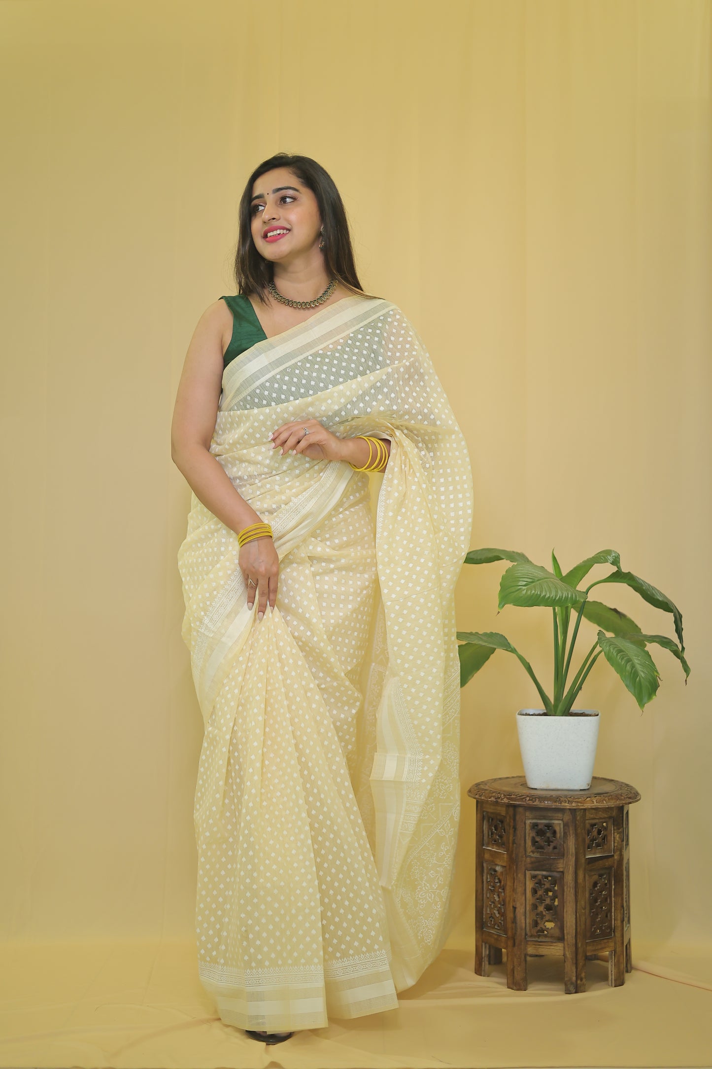 Graceful Cream Cotton Saree with Polka Dot Elegance