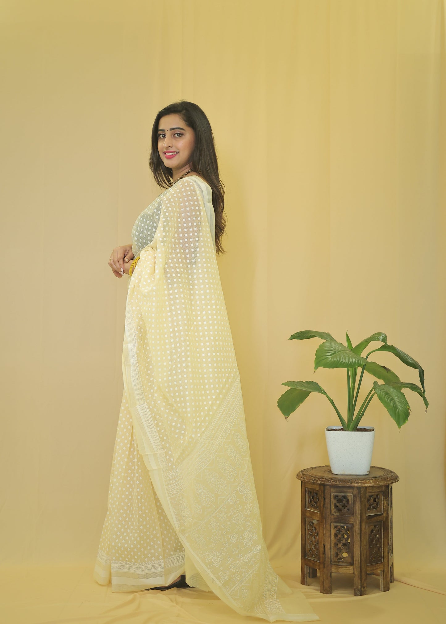 Graceful Cream Cotton Saree with Polka Dot Elegance