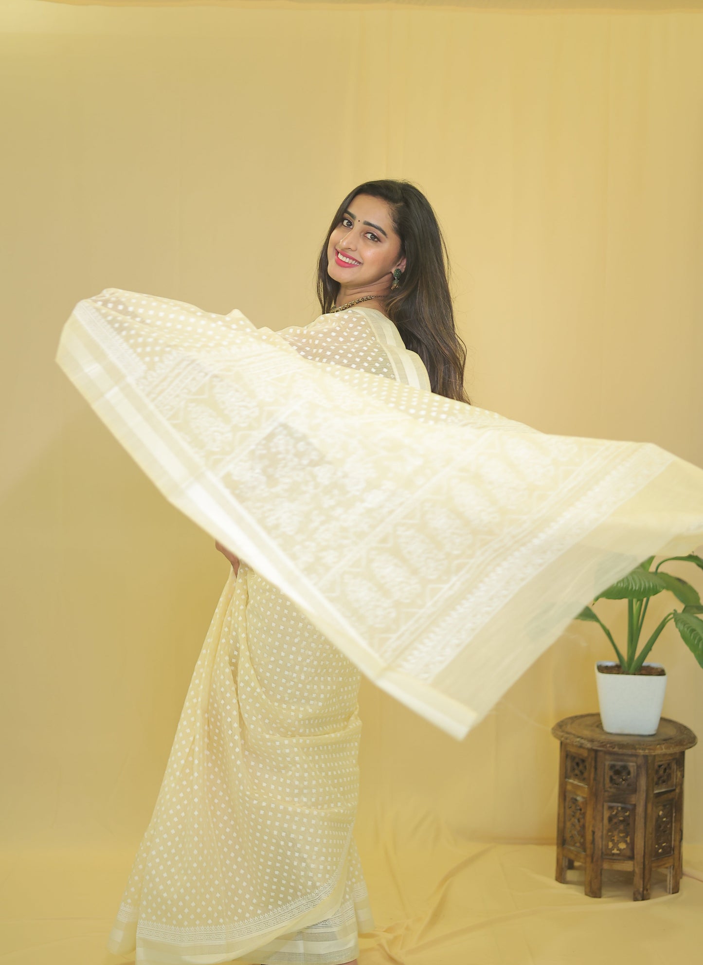 Graceful Cream Cotton Saree with Polka Dot Elegance