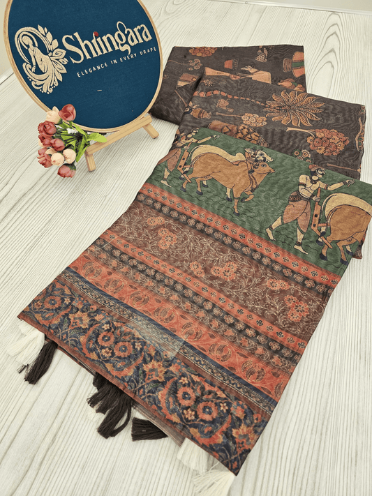 Kalamkari-inspired digital print with heritage storytelling motifs and floral patterns