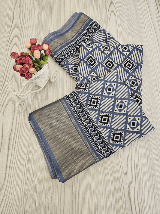 Elegant Blue Geometric Printed Saree with Contrasting Border