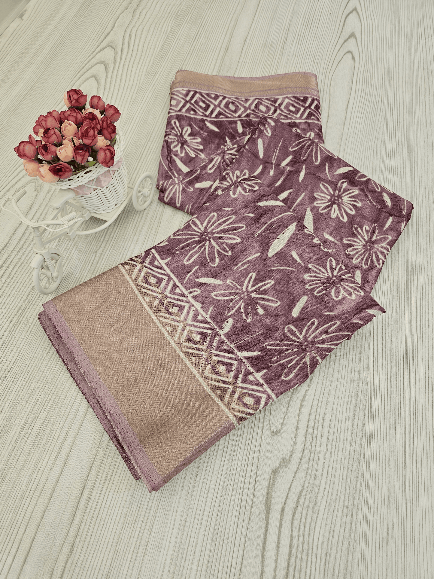 Timeless Light Pink Soft silk Saree with Artistic Floral and Geometric Prints