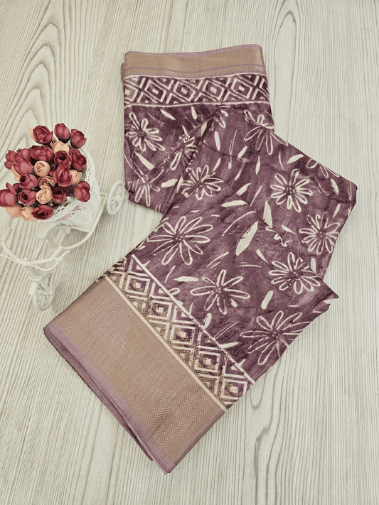 Timeless Light Pink Soft silk Saree with Artistic Floral and Geometric Prints