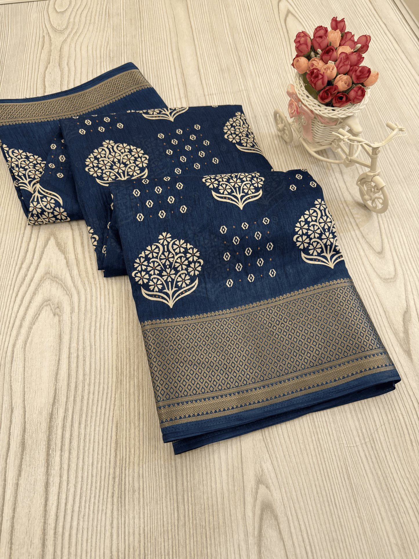 Dark slate Blue Banarasi Silk Saree with Intricate White Floral Motifsazz Pink