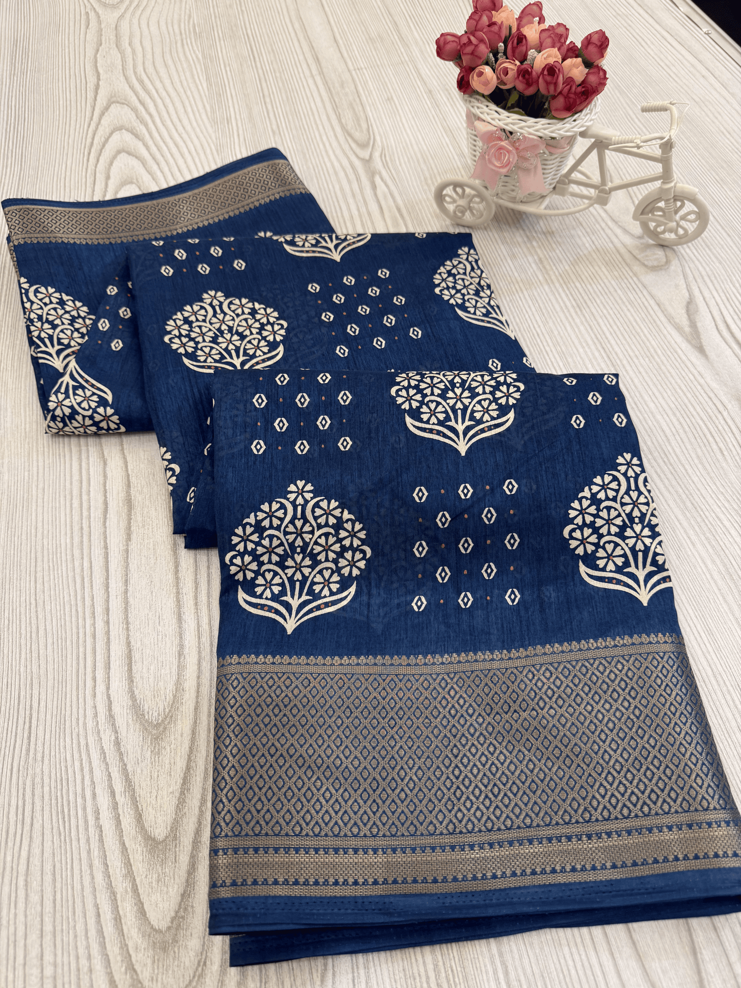 Dark slate Blue Banarasi Silk Saree with Intricate White Floral Motifsazz Pink