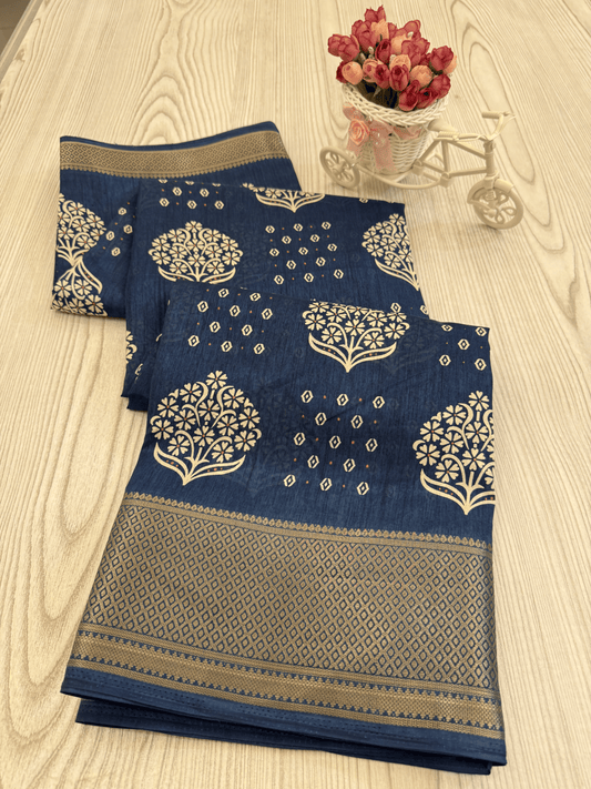 Dark slate Blue Banarasi Silk Saree with Intricate White Floral Motifsazz Pink
