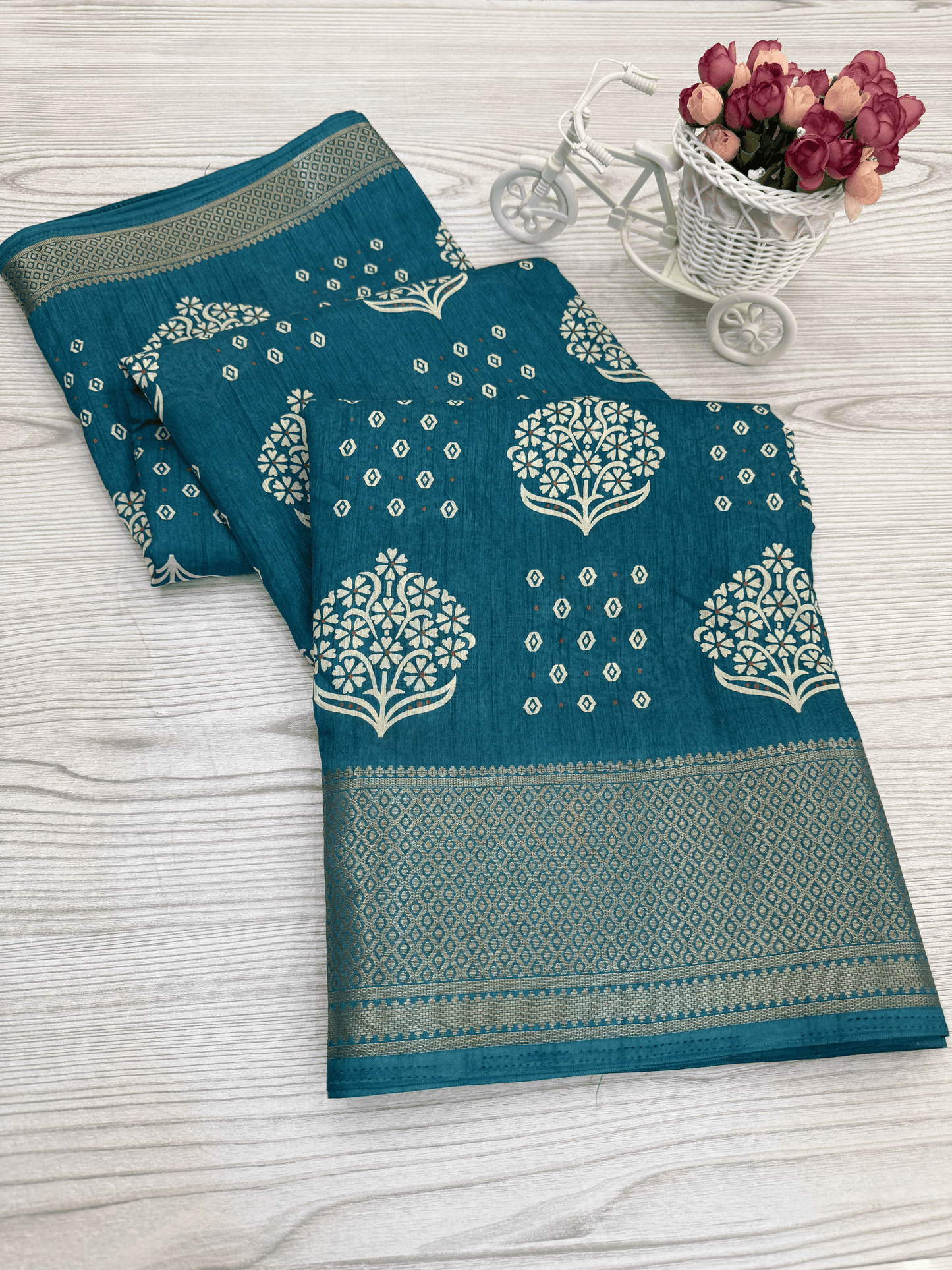 Teal Banarasi Silk Saree with Intricate White Floral Motifs