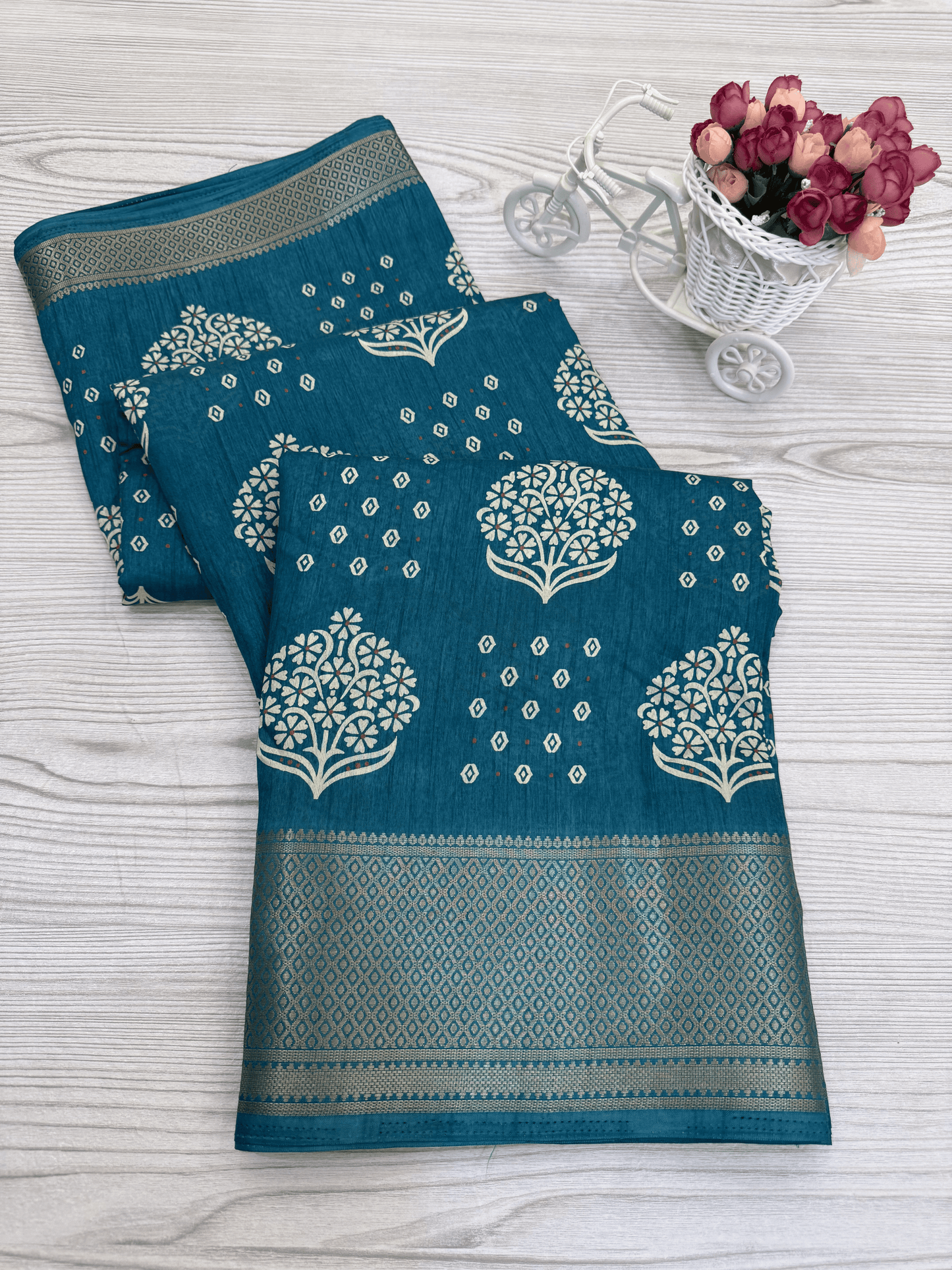 Teal Banarasi Silk Saree with Intricate White Floral Motifs