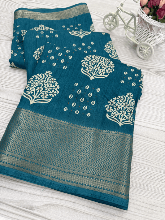 Teal Banarasi Silk Saree with Intricate White Floral Motifs
