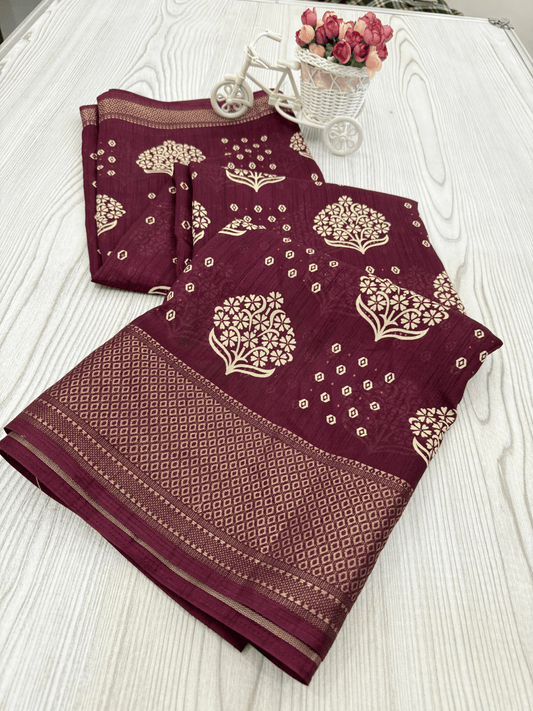 Marron Banarasi Silk Saree with Intricate White Floral Motifs