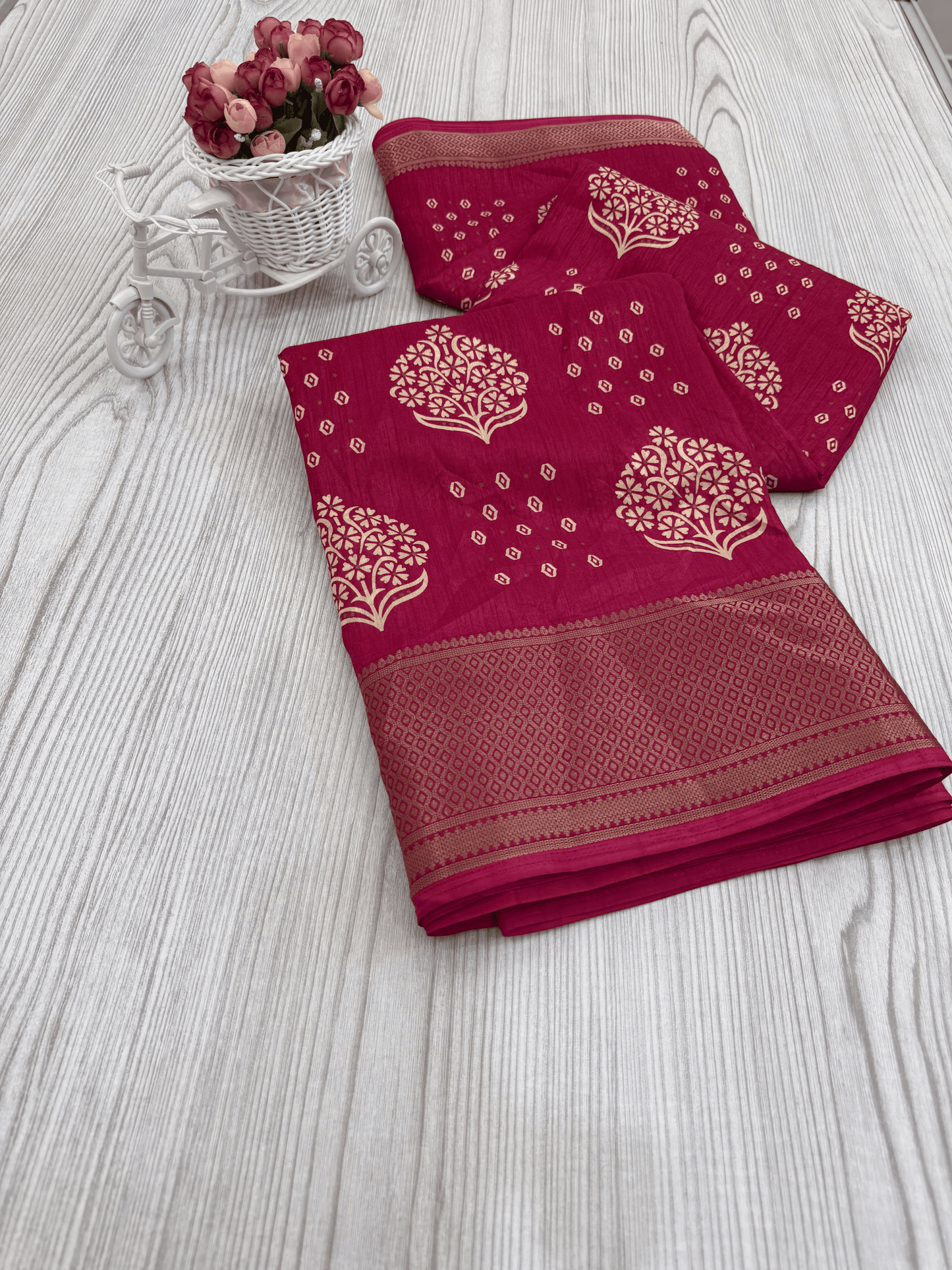 Razzmatazz Pink Banarasi Silk Saree with Intricate White Floral Motifs