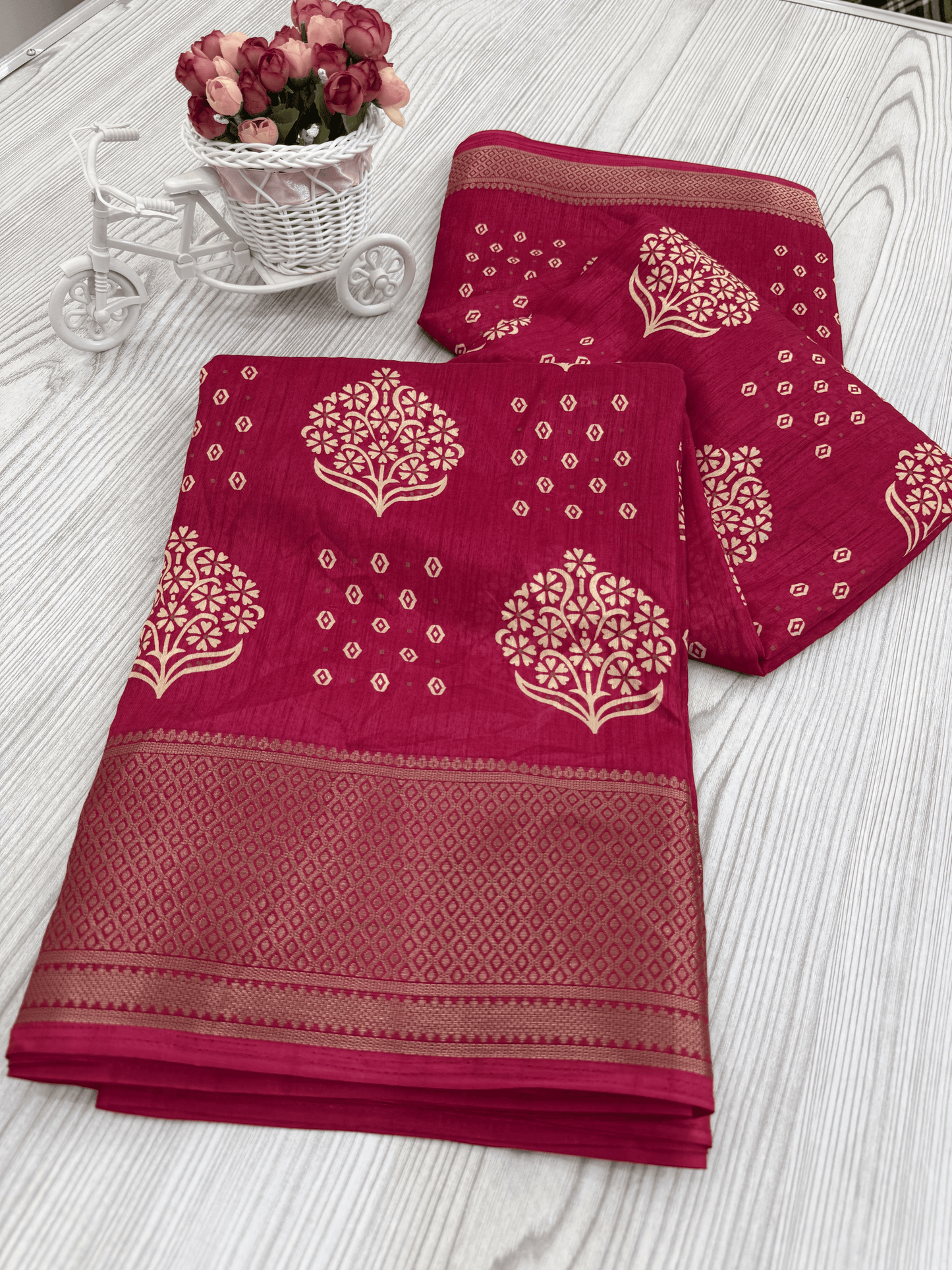 Razzmatazz Pink Banarasi Silk Saree with Intricate White Floral Motifs