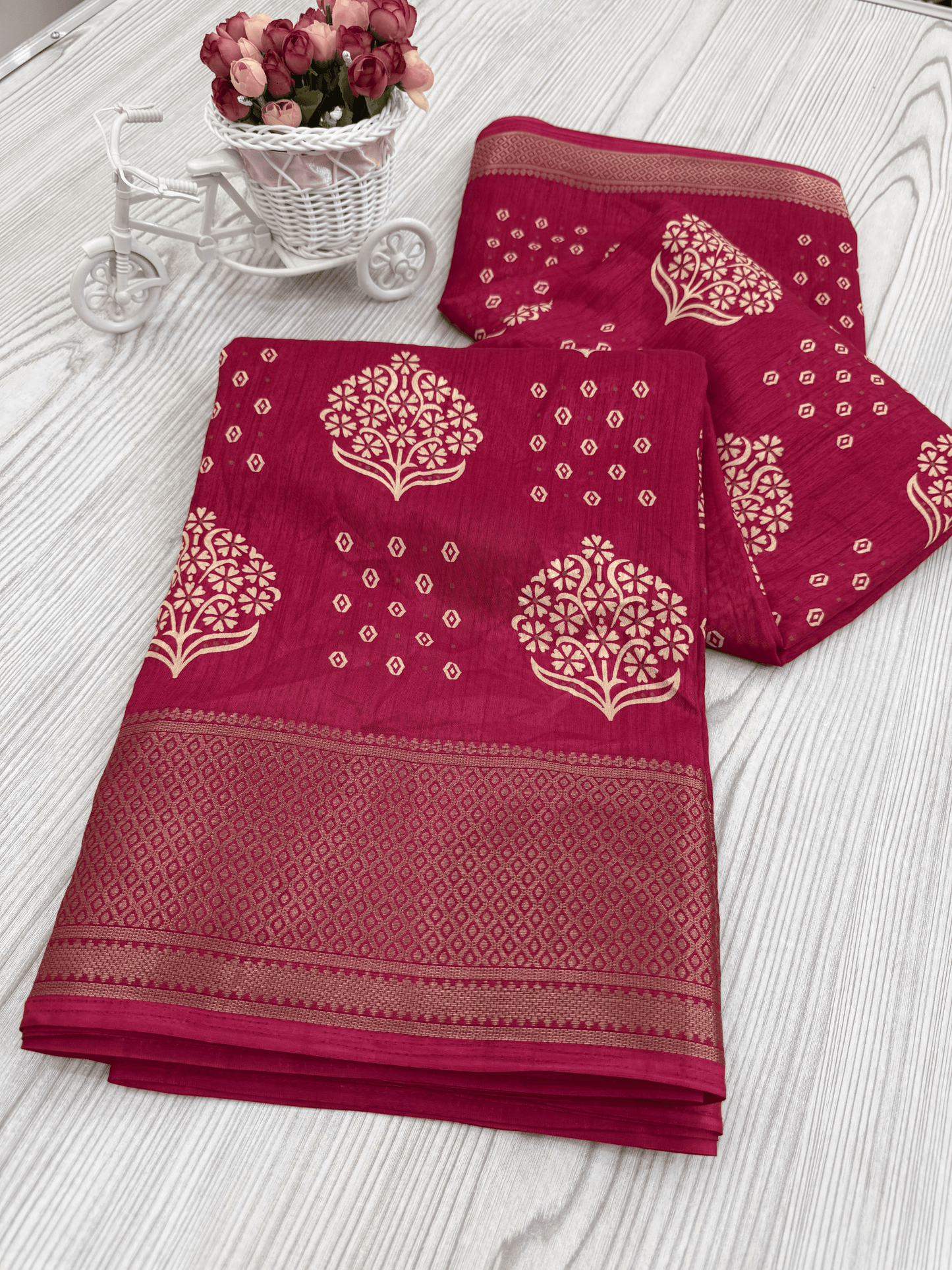 Razzmatazz Pink Banarasi Silk Saree with Intricate White Floral Motifs