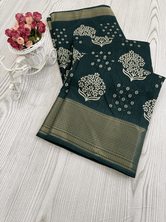 Guntur Green Banarasi Silk Saree with Intricate White Floral Motifs