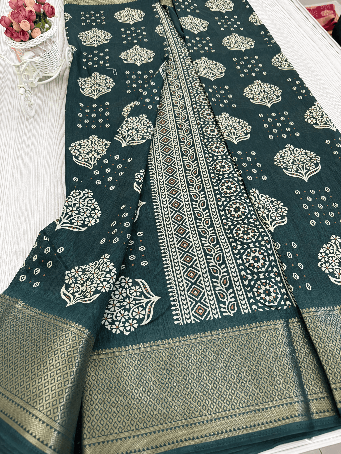 Guntur Green Banarasi Silk Saree with Intricate White Floral Motifs
