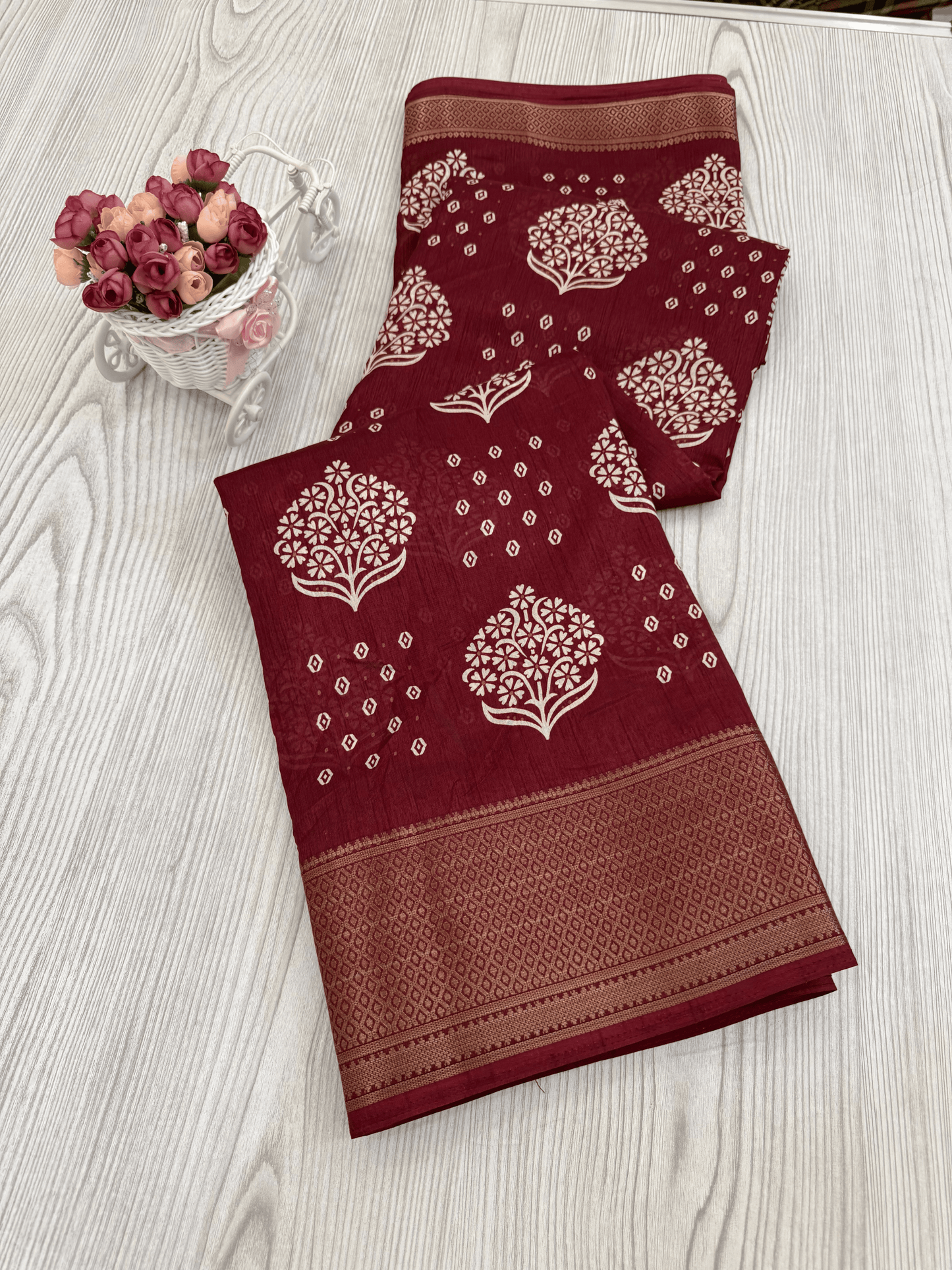 Persian red Banarasi Silk Saree with Intricate White Floral Motifs