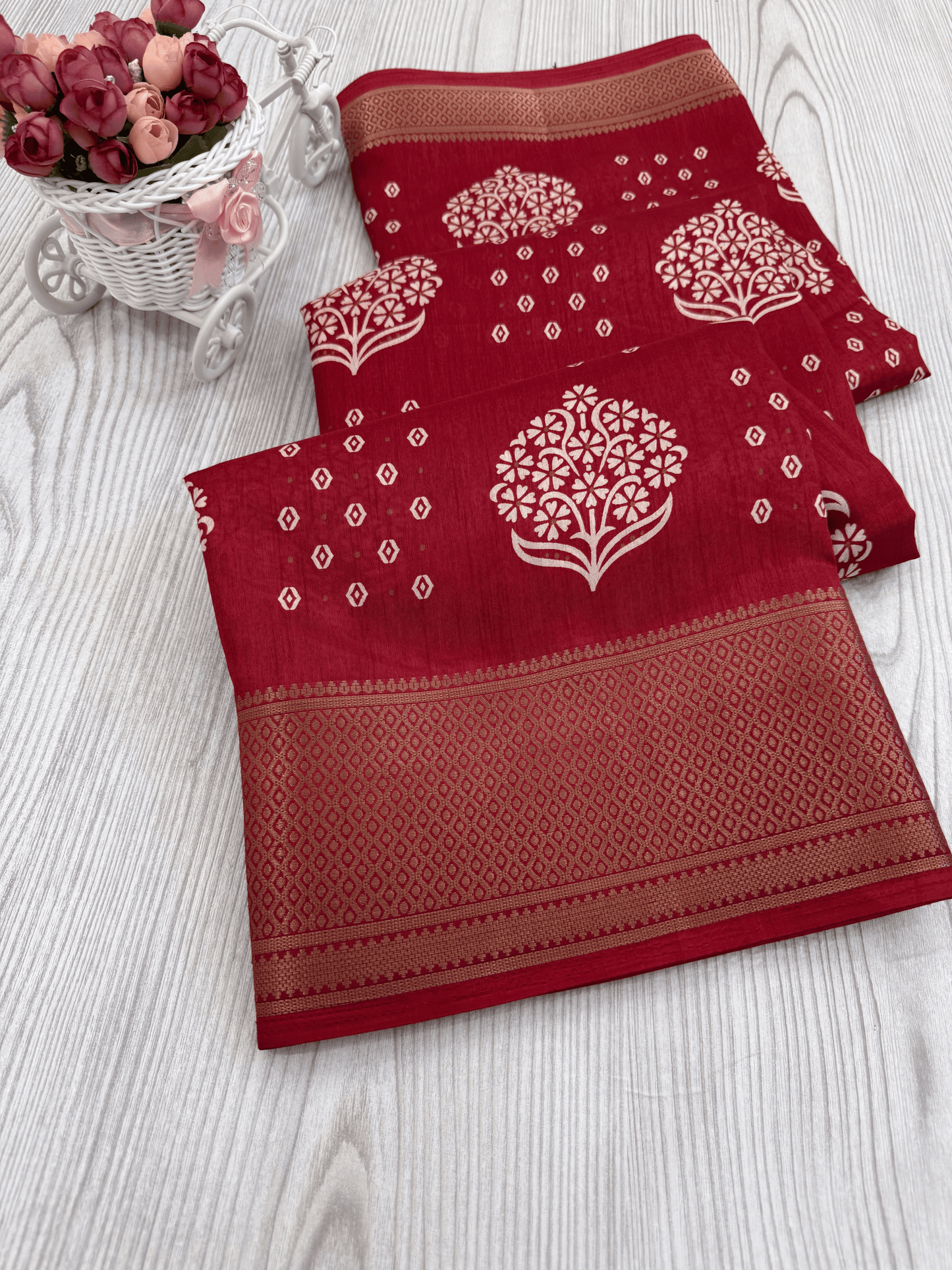 Persian red Banarasi Silk Saree with Intricate White Floral Motifs