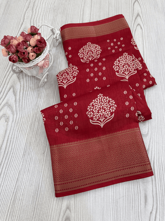 Persian red Banarasi Silk Saree with Intricate White Floral Motifs