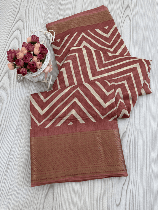 Peach Graceful Pure Soft Silk Handloom Saree with Contemporary Geometric Patterns and Matching Blouse