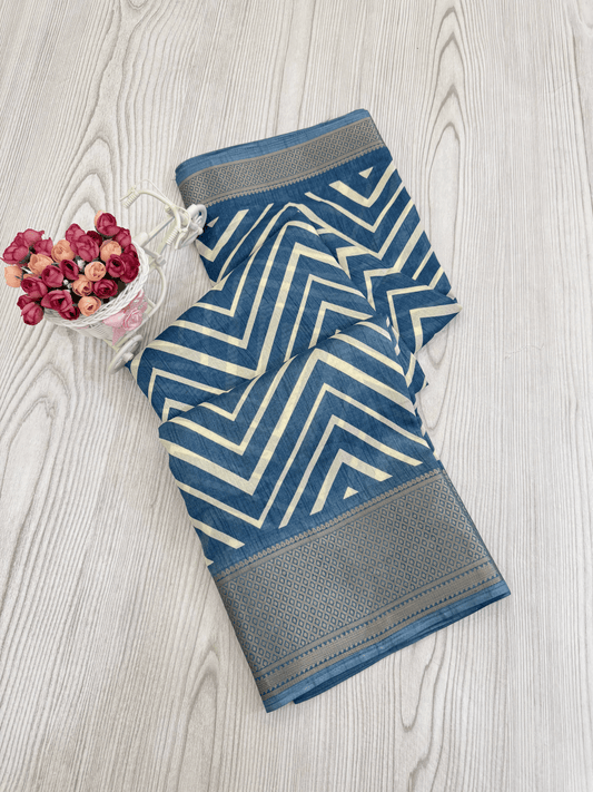 Light Blue Graceful Pure Soft Silk Handloom Saree with Contemporary Geometric Patterns and Matching Blouse