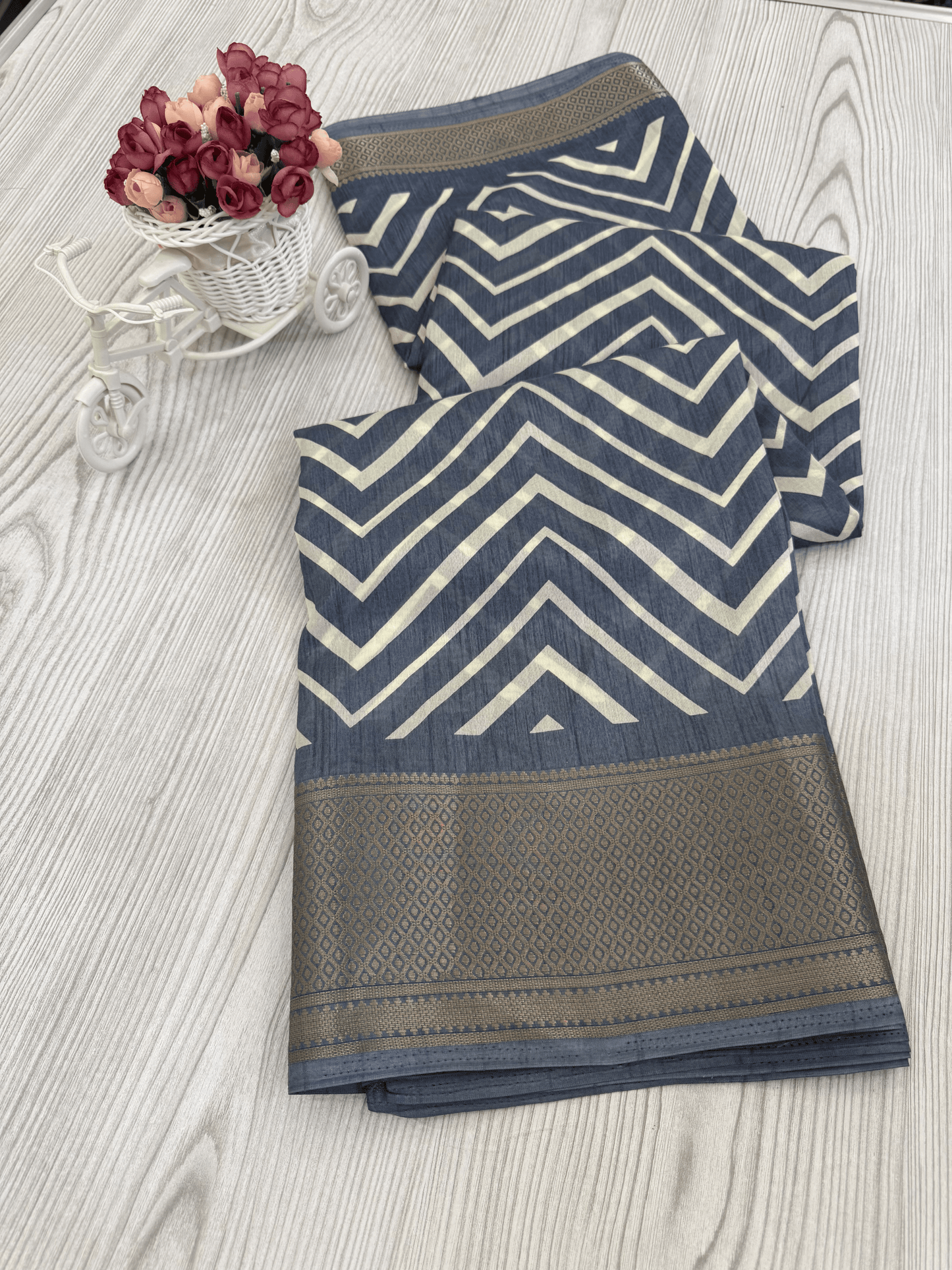 Stone blue Graceful Pure Soft Silk Handloom Saree with Contemporary Geometric Patterns and Matching Blouse