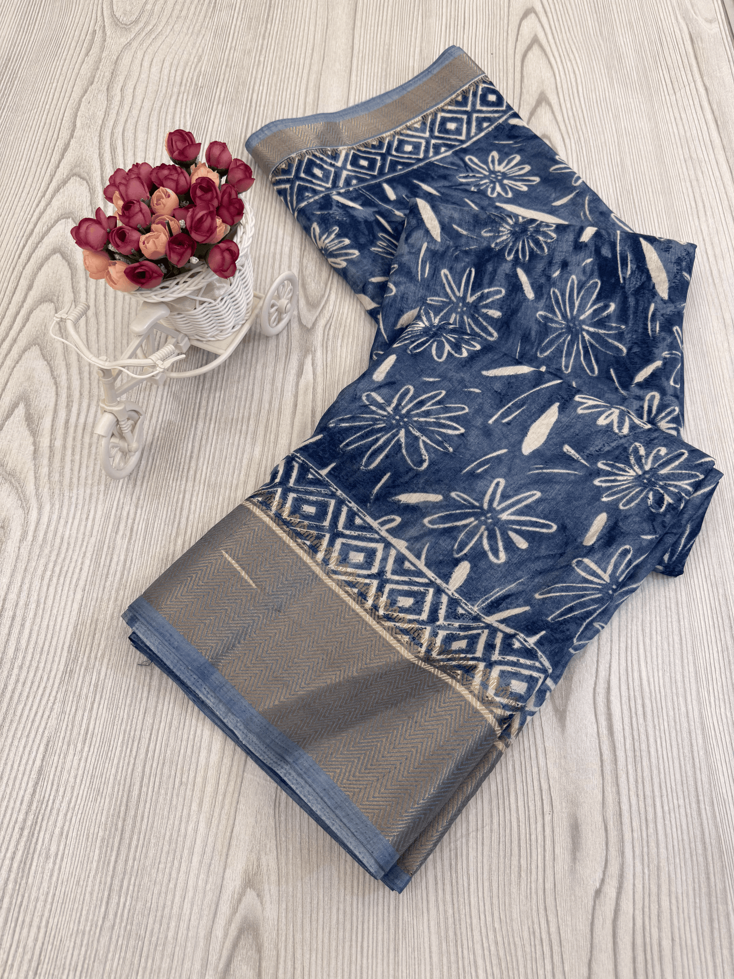 Stylish Blue Floral Soft silk saree with Contrasting Border Design