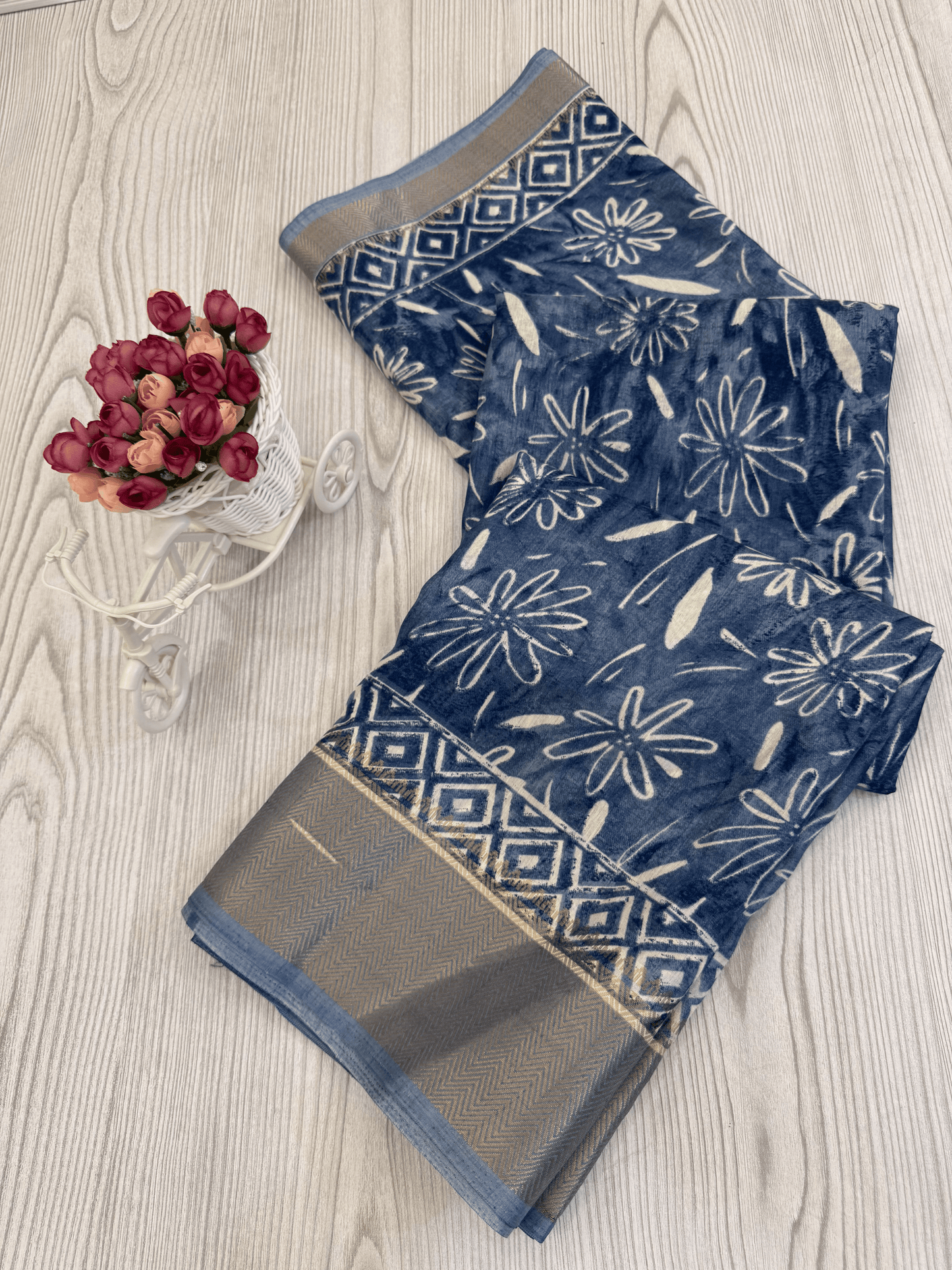Stylish Blue Floral Soft silk saree with Contrasting Border Design
