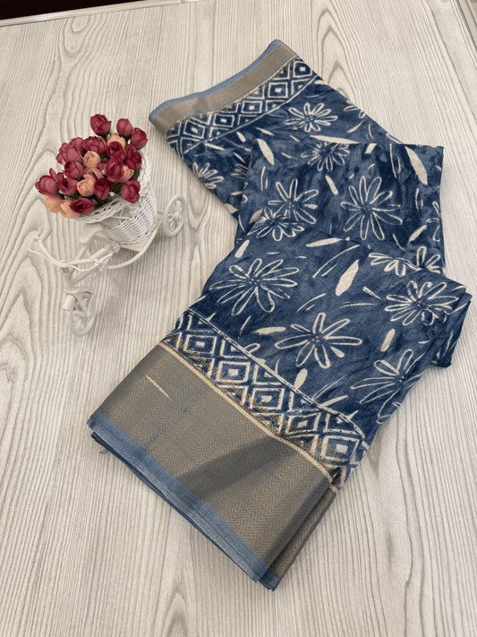 Stylish Blue Floral Soft silk saree with Contrasting Border Design