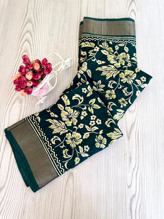 Green Banarasi Silk Saree with White Floral Motifs and Traditional Border