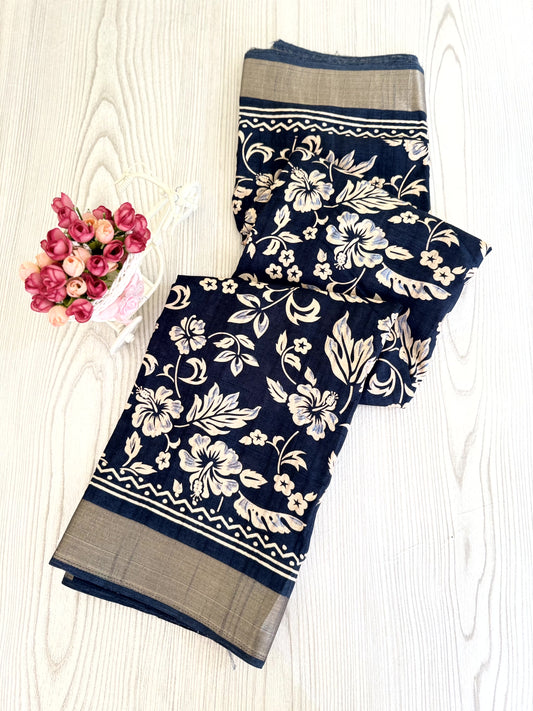 Indigo blue Banarasi Silk Saree with White Floral Motifs and Traditional Border