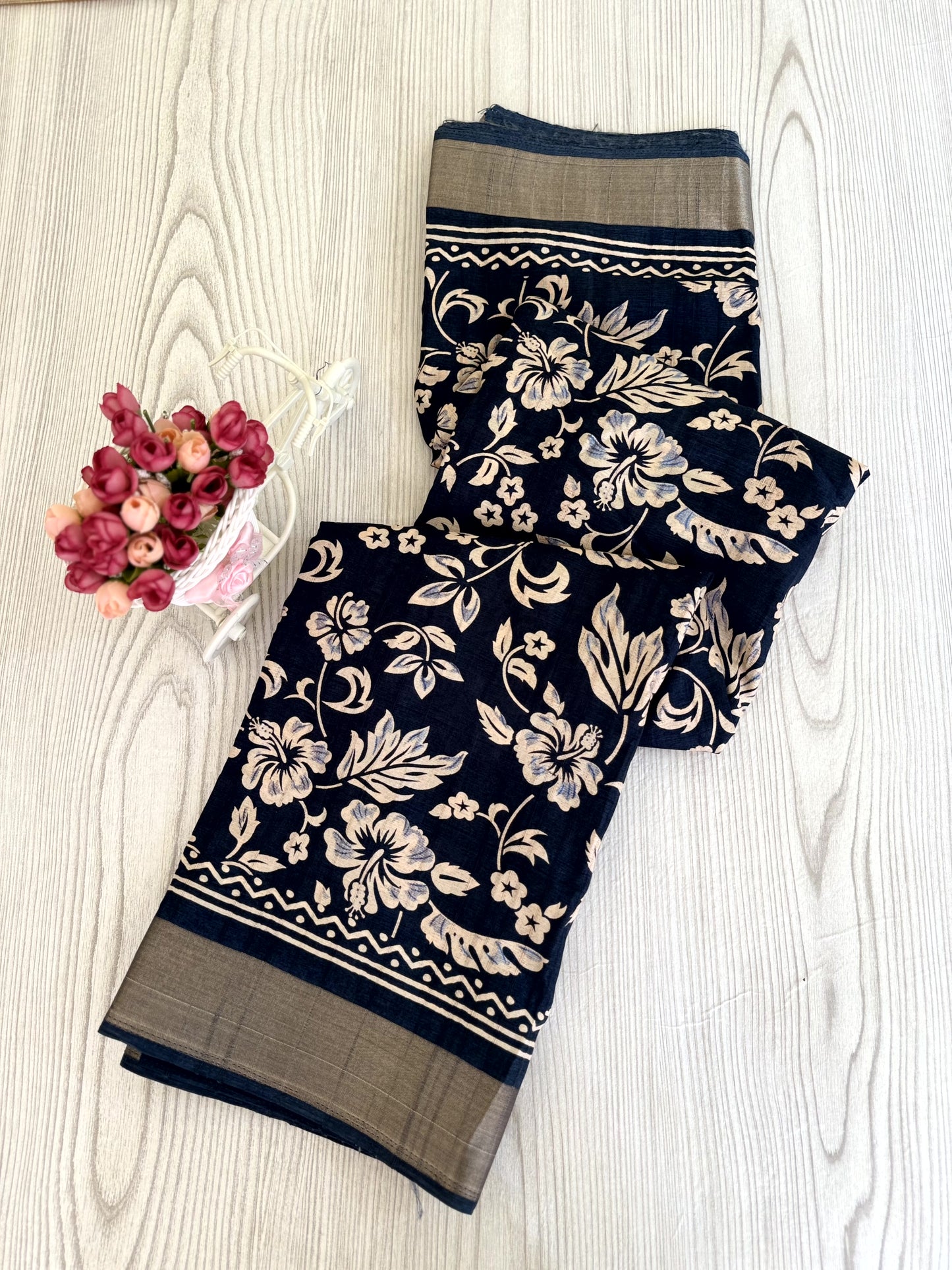 Indigo blue Banarasi Silk Saree with White Floral Motifs and Traditional Border