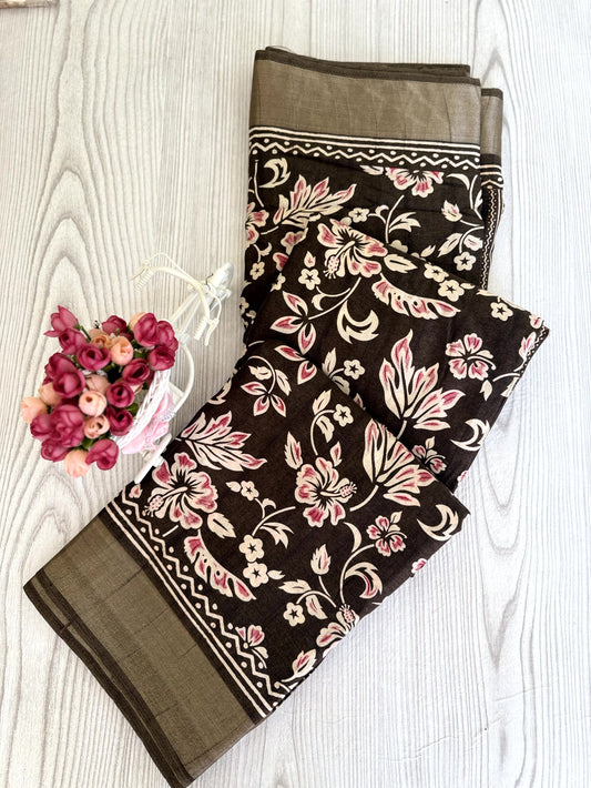 Light brown Banarasi Silk Saree with White Floral Motifs and Traditional Border