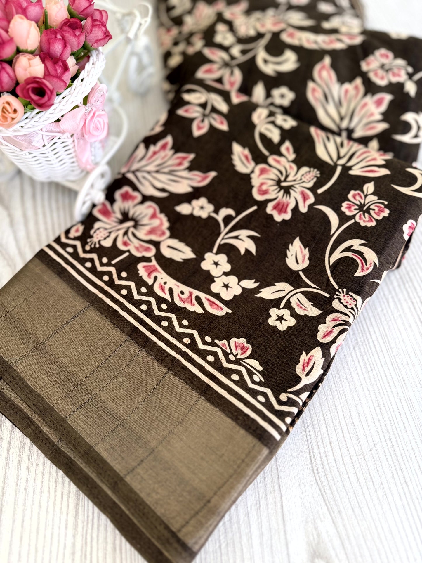 Light brown Banarasi Silk Saree with White Floral Motifs and Traditional Border