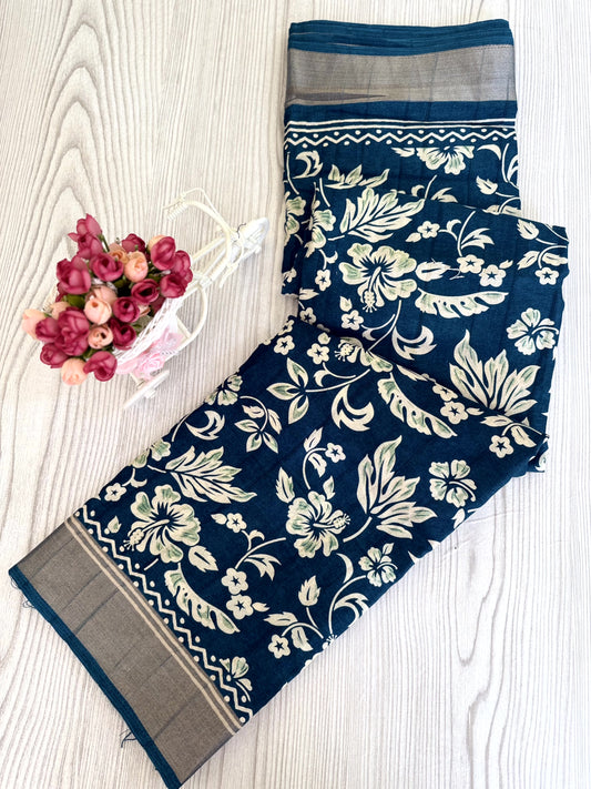 Tale Blue Banarasi Silk Saree with White Floral Motifs and Traditional Border